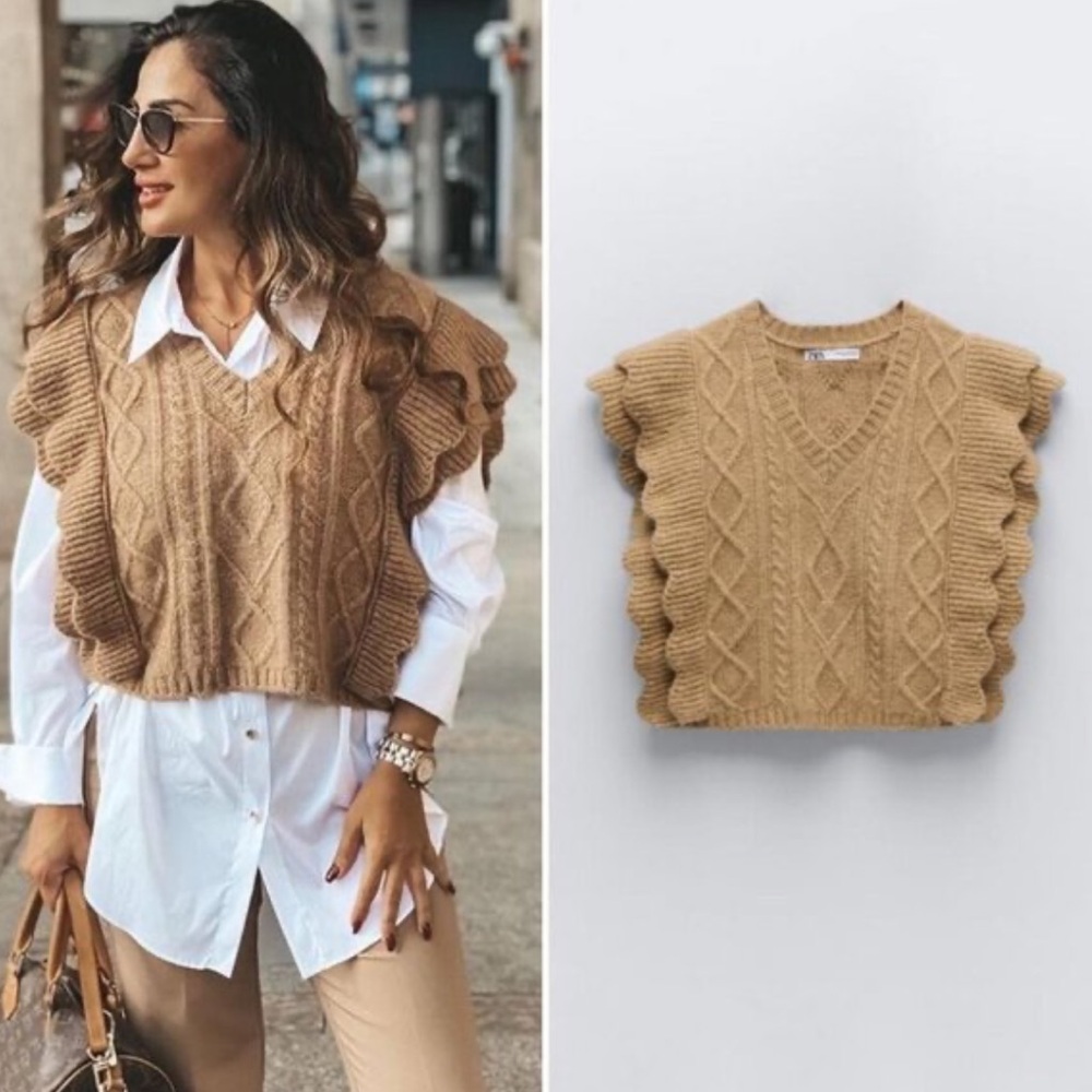 Zara Cable Knit Ruffle Vest Alpaca Wool Blend sweater